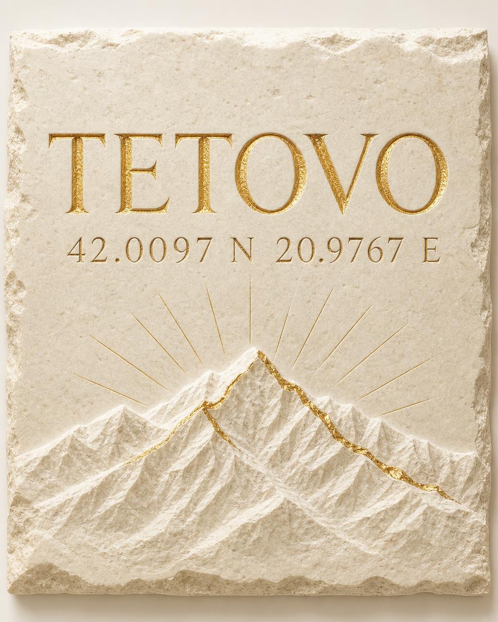 Kalksteinplatte mit der Gravur Tetovo und den Koordinaten 42.0097° N, 20.9767° E